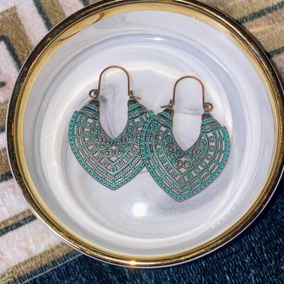 New Native Boho Aztec Turquoise Patina Earrings Hoop Tribal Ornate Rustic - Picture 2 of 4